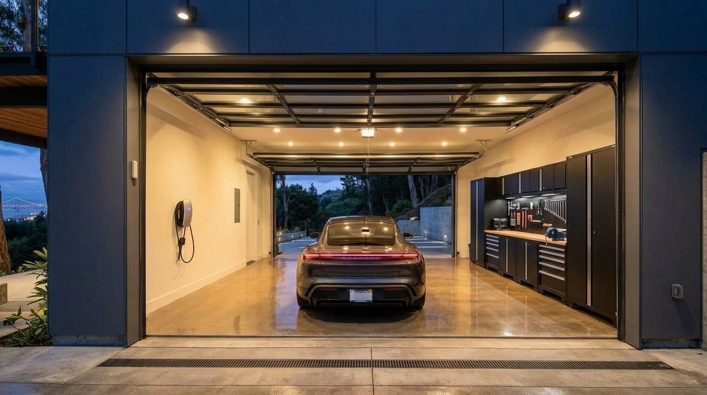 Jenkins Garage Door Services Interior View of Custom Garage Door Overhead and Workshop
